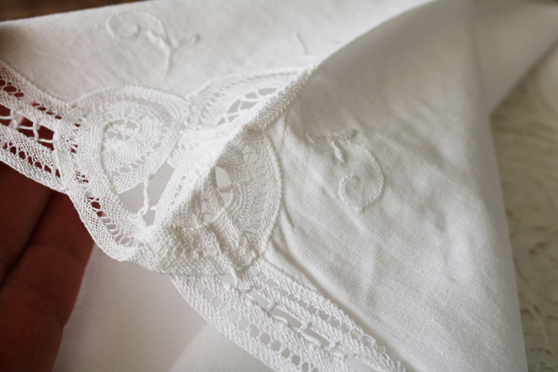 photo of unused vintage cotton battenburg lace table linens set, tablecloth and 16 matching napkins #7