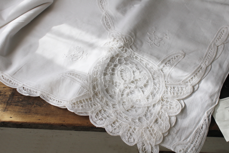 photo of unused vintage cotton battenburg lace table linens set, tablecloth and 16 matching napkins #12