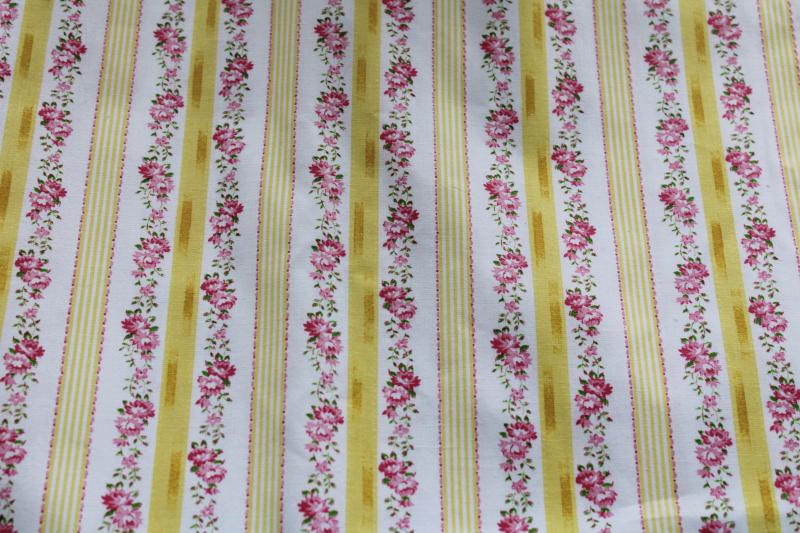 photo of unused vintage cotton pillow ticking fabric yardage, pink & yellow flowered stripe #1