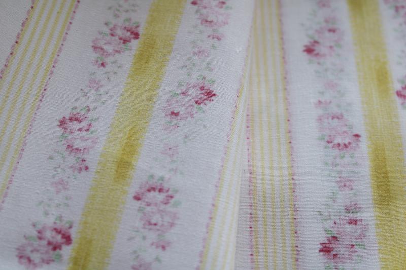 photo of unused vintage cotton pillow ticking fabric yardage, pink & yellow flowered stripe #4