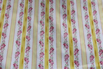 catalog photo of unused vintage cotton pillow ticking fabric yardage, pink & yellow flowered stripe