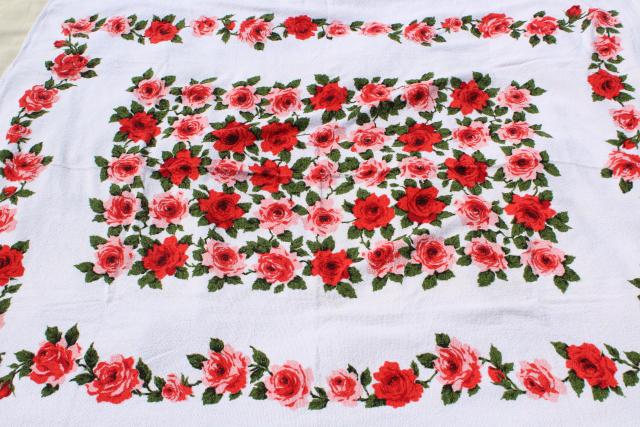 photo of unused vintage cotton terry cloth picnic tablecloth or beach towel, red pink roses print fabric #2