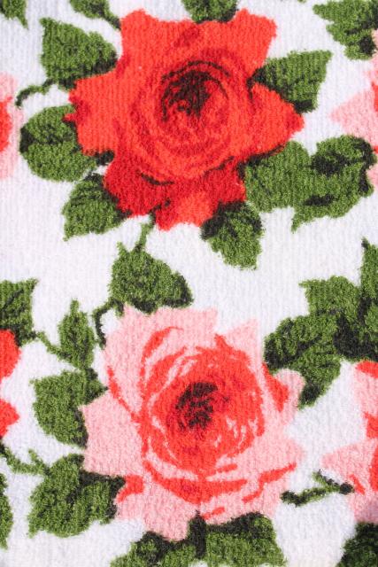 photo of unused vintage cotton terry cloth picnic tablecloth or beach towel, red pink roses print fabric #3