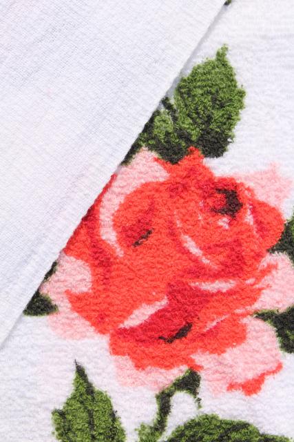 photo of unused vintage cotton terry cloth picnic tablecloth or beach towel, red pink roses print fabric #5
