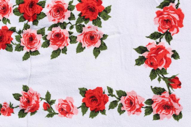 photo of unused vintage cotton terry cloth picnic tablecloth or beach towel, red pink roses print fabric #8