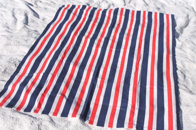 photo of unused vintage cotton terrycloth beach blanket towel, retro red, white & blue stripes #1