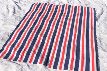 catalog photo of unused vintage cotton terrycloth beach blanket towel, retro red, white & blue stripes