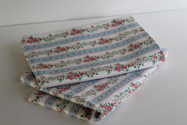 photo of unused vintage cotton ticking pillow cover pillowcases, blue & pink striped floral print #1