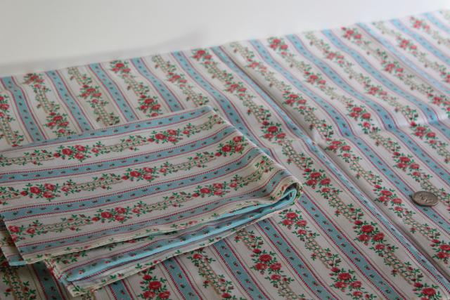 photo of unused vintage cotton ticking pillow cover pillowcases, blue & pink striped floral print #2