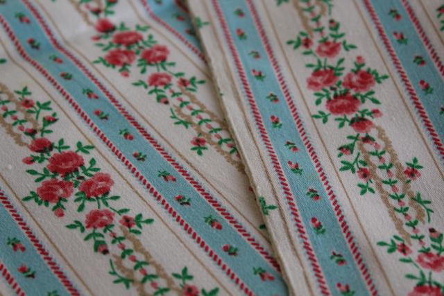 photo of unused vintage cotton ticking pillow cover pillowcases, blue & pink striped floral print #3