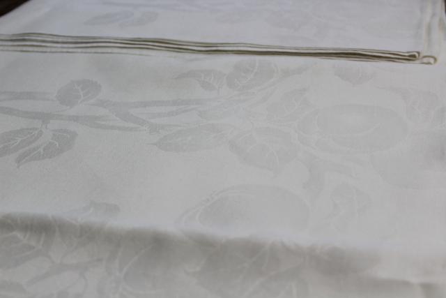 photo of unused vintage damask tablecloth 72 x 86, pure linen woven jacquard peaches pattern #1