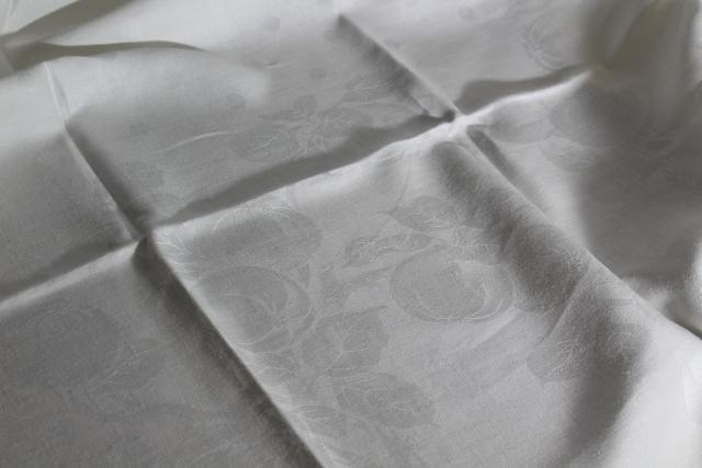 photo of unused vintage damask tablecloth 72 x 86, pure linen woven jacquard peaches pattern #5