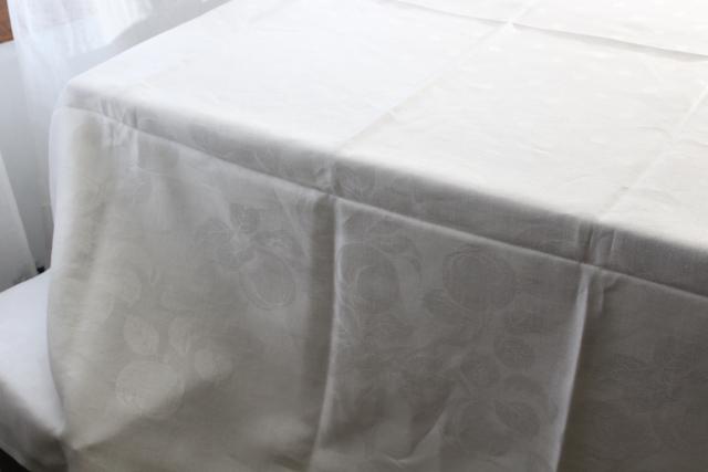 photo of unused vintage damask tablecloth 72 x 86, pure linen woven jacquard peaches pattern #9