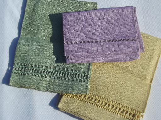 photo of unused vintage drawn thread linen towels, yellow gold, lavender, green #1