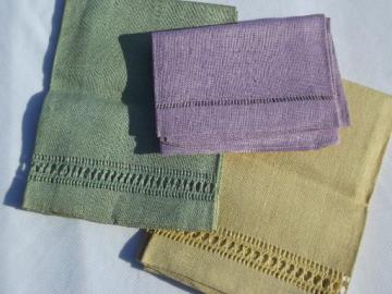 catalog photo of unused vintage drawn thread linen towels, yellow gold, lavender, green