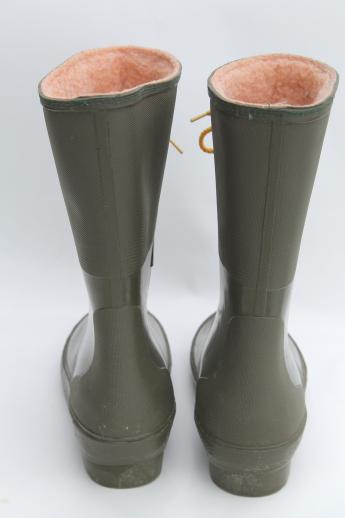 photo of unused vintage fleece lined green rubber boots, ladies size 6 wellies #5