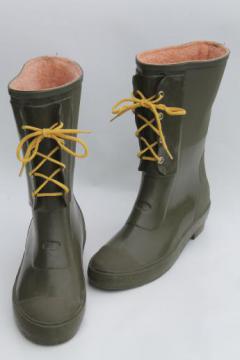 catalog photo of unused vintage fleece lined green rubber boots, ladies size 6 wellies