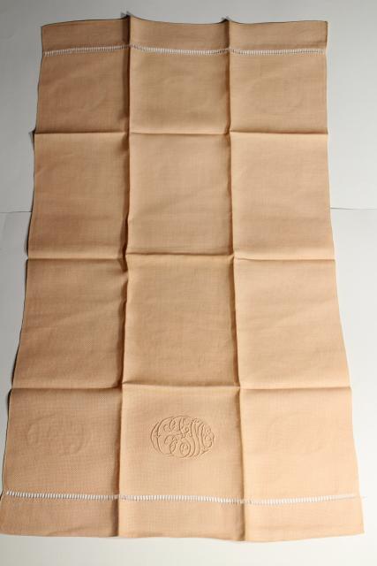 photo of unused vintage hand towels w/ embroidered script, pastel cotton huck fabric guest towel full dozen #7