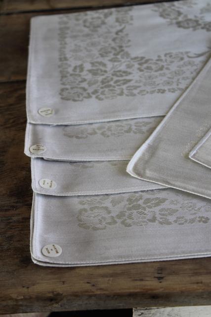 photo of unused vintage linen damask dinner napkins in oyster grey, made in Belgium labels #4