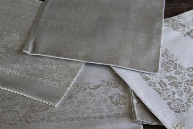 photo of unused vintage linen damask dinner napkins in oyster grey, made in Belgium labels #8