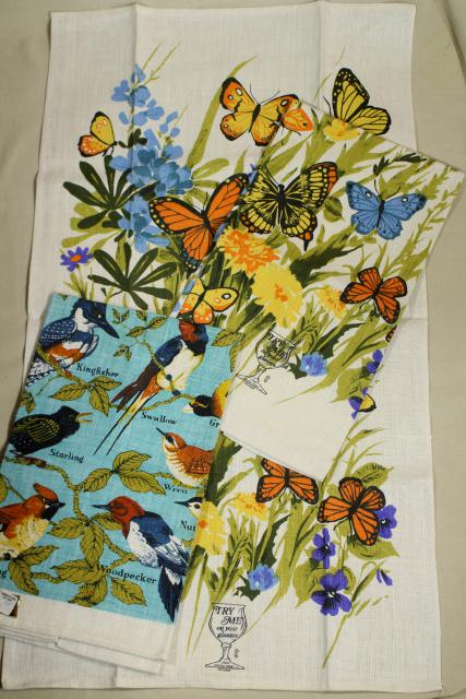 photo of unused vintage linen tea towels, birds & butterflies printed dishtowels #1