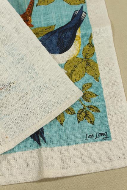 photo of unused vintage linen tea towels, birds & butterflies printed dishtowels #3