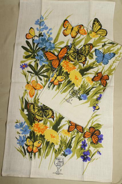 photo of unused vintage linen tea towels, birds & butterflies printed dishtowels #5