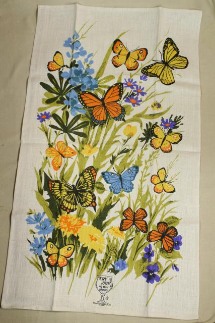 photo of unused vintage linen tea towels, birds & butterflies printed dishtowels #6