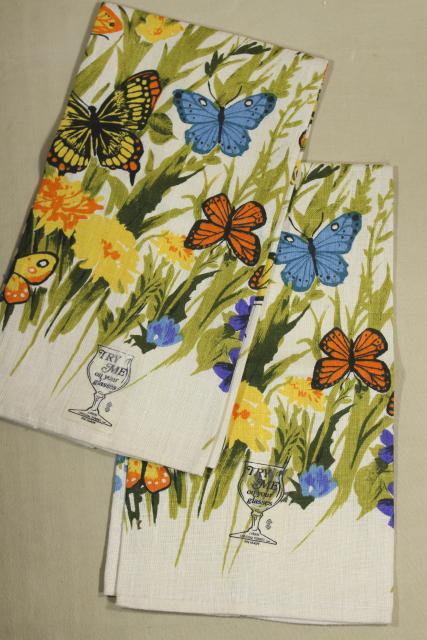 photo of unused vintage linen tea towels, birds & butterflies printed dishtowels #9