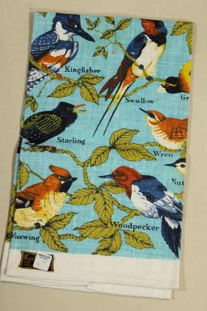 photo of unused vintage linen tea towels, birds & butterflies printed dishtowels #10