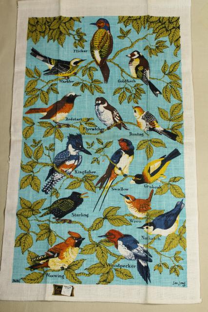 photo of unused vintage linen tea towels, birds & butterflies printed dishtowels #11