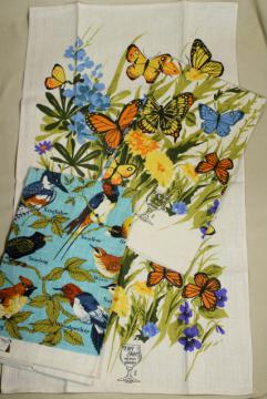 catalog photo of unused vintage linen tea towels, birds & butterflies printed dishtowels