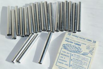 catalog photo of unused vintage metal tube forms for crullers pastries w/ recipes, pastry chef baking