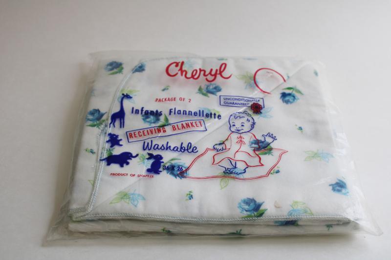 photo of unused vintage package cotton flannel swaddle baby blankets, blue flowers print #1