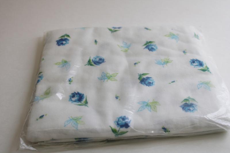 photo of unused vintage package cotton flannel swaddle baby blankets, blue flowers print #4