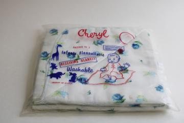 catalog photo of unused vintage package cotton flannel swaddle baby blankets, blue flowers print