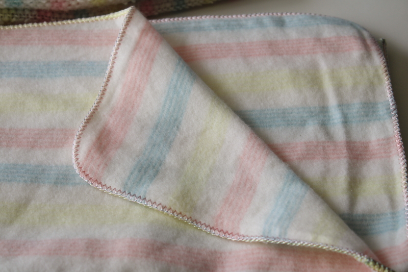 photo of unused vintage receiving baby blankets, acrylic plush & thermal weave pastel candy stripes #2