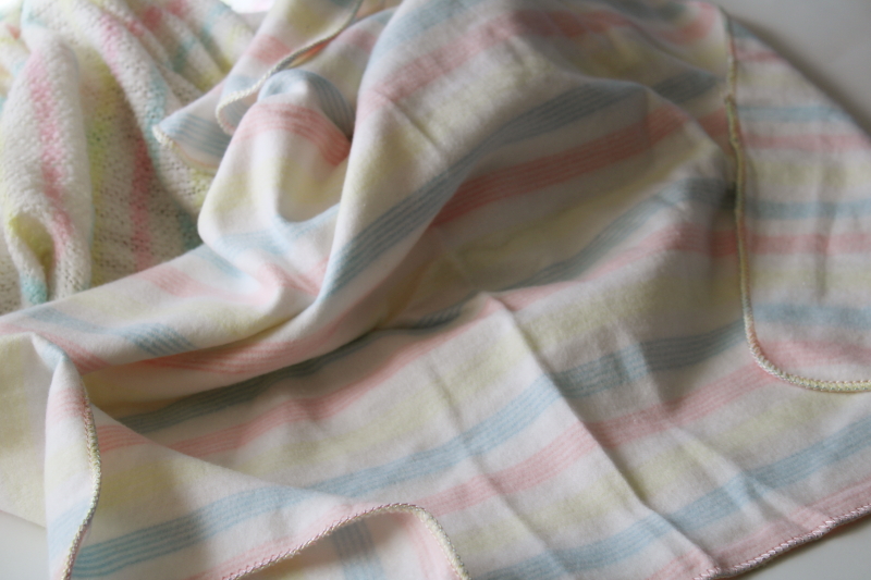 photo of unused vintage receiving baby blankets, acrylic plush & thermal weave pastel candy stripes #4