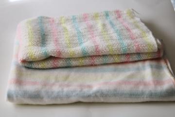 photo of unused vintage receiving baby blankets, acrylic plush & thermal weave pastel candy stripes