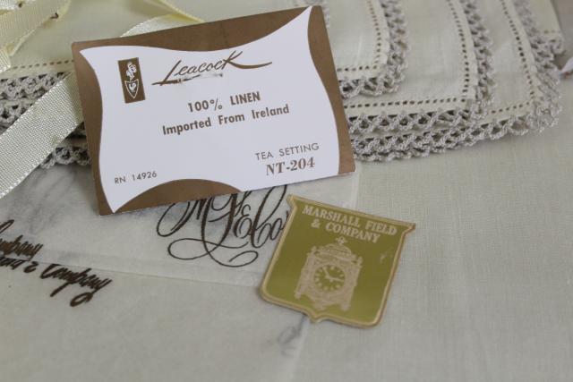 photo of unused vintage tea table linens, fine handkerchief linen tablecloths & napkins w/ lace edging #2
