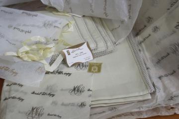 catalog photo of unused vintage tea table linens, fine handkerchief linen tablecloths & napkins w/ lace edging