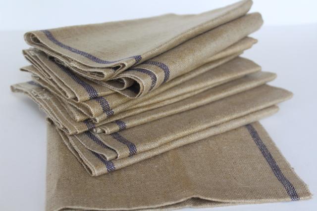 photo of unused vintage unbleached flax brown linen or hemp towels, fabric w/ blue stripe #1