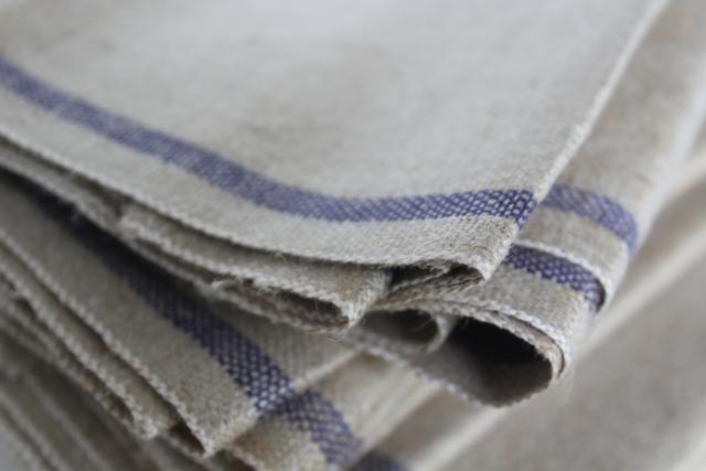 photo of unused vintage unbleached flax brown linen or hemp towels, fabric w/ blue stripe #2