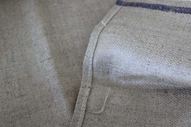 photo of unused vintage unbleached flax brown linen or hemp towels, fabric w/ blue stripe #4