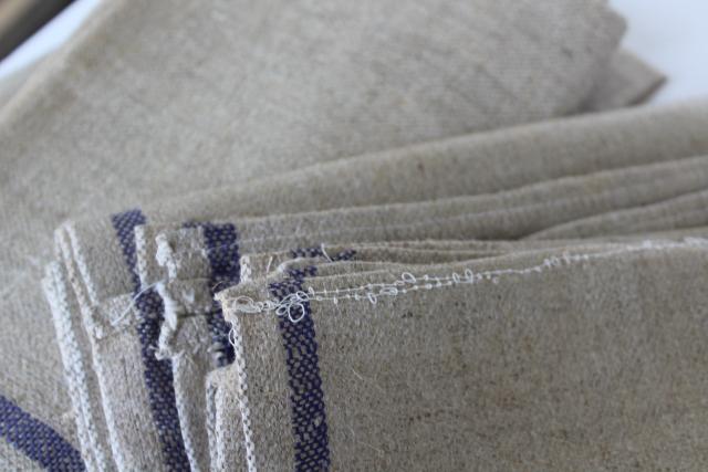 photo of unused vintage unbleached flax brown linen or hemp towels, fabric w/ blue stripe #5