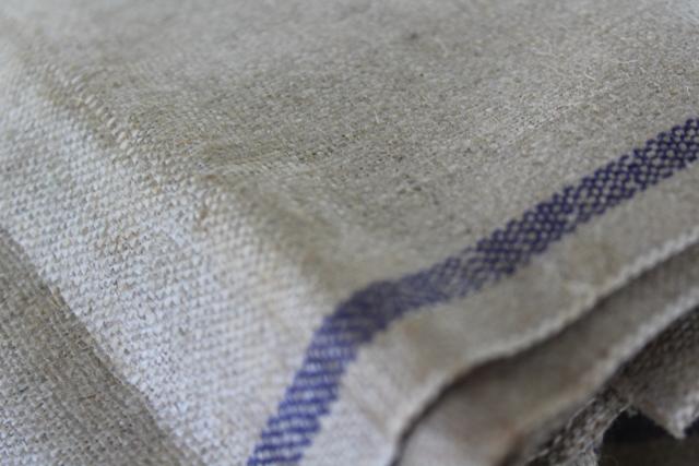 photo of unused vintage unbleached flax brown linen or hemp towels, fabric w/ blue stripe #6