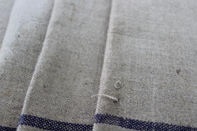 photo of unused vintage unbleached flax brown linen or hemp towels, fabric w/ blue stripe #7