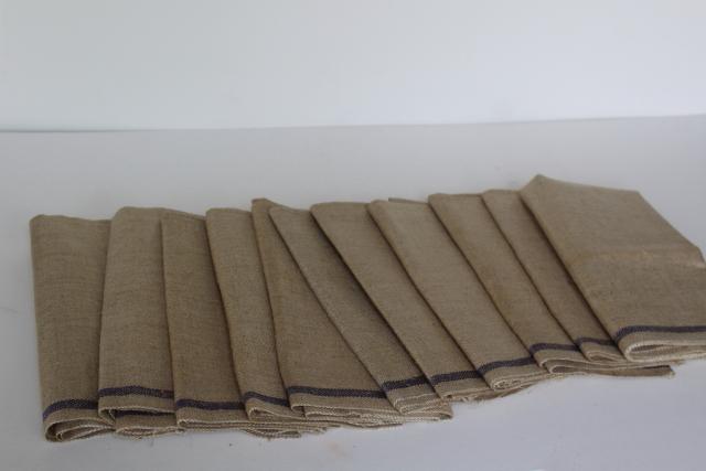 photo of unused vintage unbleached flax brown linen or hemp towels, fabric w/ blue stripe #8