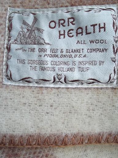 photo of unused vintage wool camp blanket w/ dutch tulips, old Orr label #8