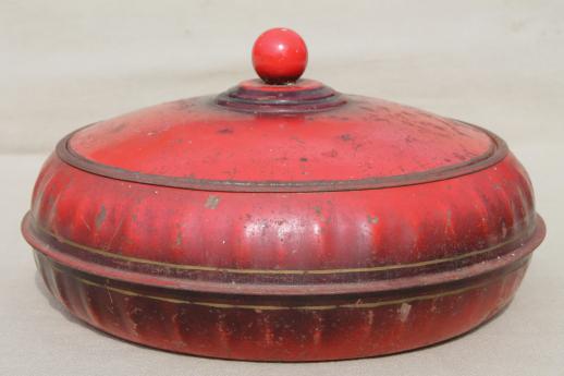 photo of unusual old round red tin sewing box w/ original vintage paint, 1938 patent number #1